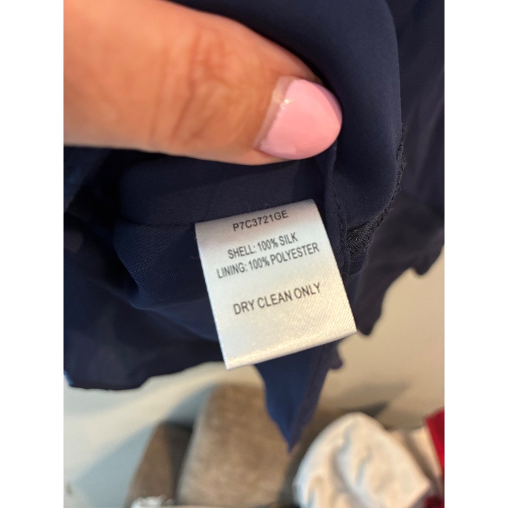 Parker Navy Blue 100% Silk Ruffle Cold Shoulder Mini Dress Small - Picture 7 of 7